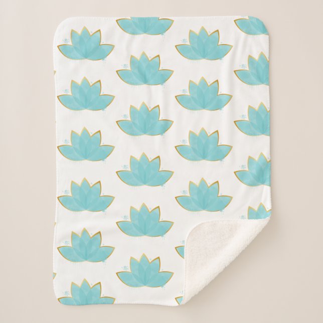 Manta Sherpa Floral Lotus acuarela Seafoam Blue & Faux Gold (Anverso)