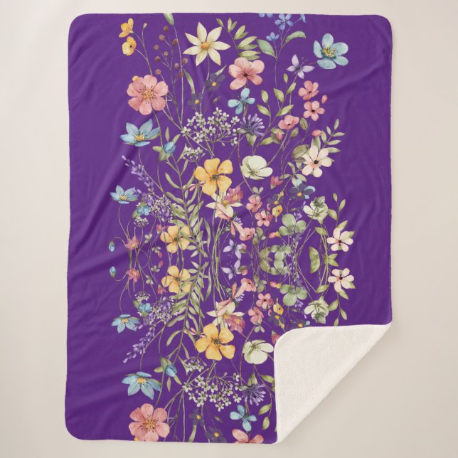 Manta Sherpa Floral lujosa elegante morada (Anverso)