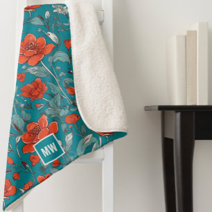 Manta Sherpa Floral, naranja rojo, cachorros verde azulados mon