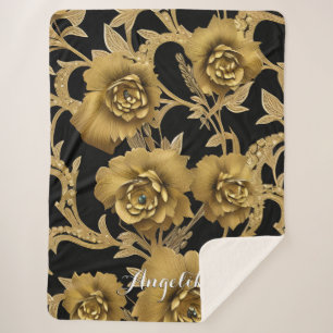 Manta Sherpa Floral Nombre Trow Blanket - Negro y Oro