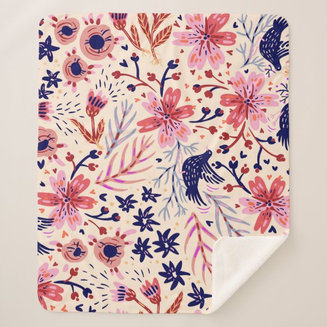 Manta Sherpa Floral, pájaros, vintage sin costuras. (Anverso)