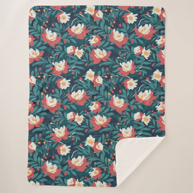Manta Sherpa Floral roja y blanca (Anverso)