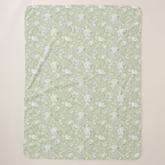 Manta Sherpa Floral Romántico Blanco Verde   (Anverso)