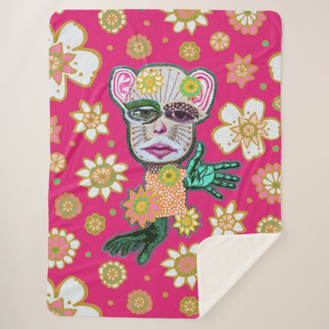 Manta Sherpa Floral rosa brillante de Natalie Schorr (Anverso)