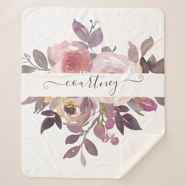 Manta Sherpa Floral rosa pastel y morada personalizada (Anverso)