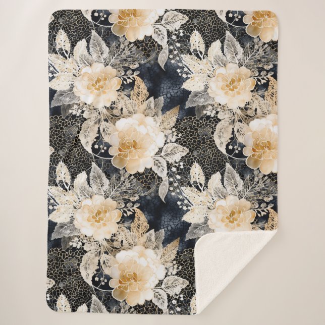 Manta Sherpa Floral salvaje de leopardo negro crema (Anverso)