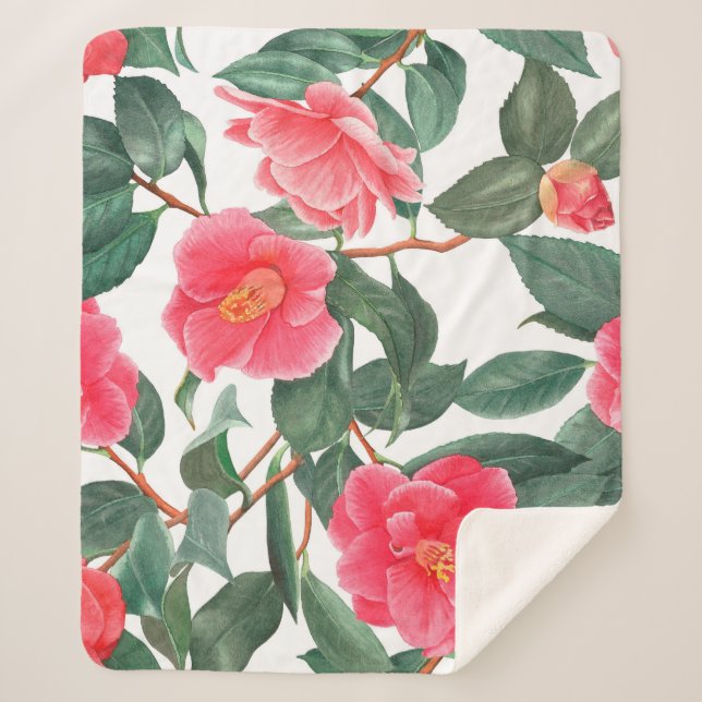 Manta Sherpa Floral seamless pattern, red camellia flowers with (Anverso)