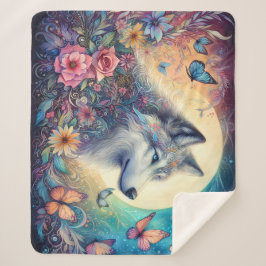 Manta Sherpa Floral Spirit: The Wolf in Bloom