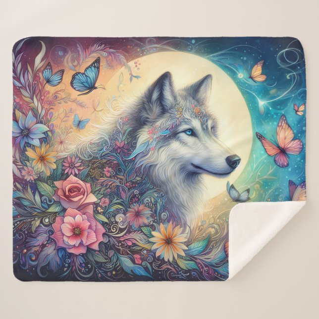 Manta Sherpa Floral Spirit: The Wolf in Bloom (Anverso (horizontal))