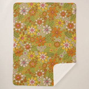 Manta Sherpa Floral verde y Naranja de los años 1960 y 1970