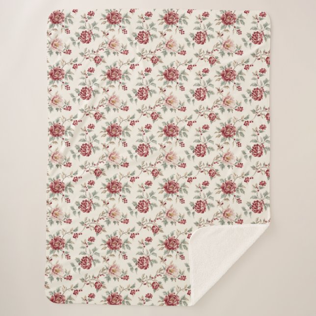 Manta Sherpa Florales de Crema Roja Pretty Chic  (Anverso)