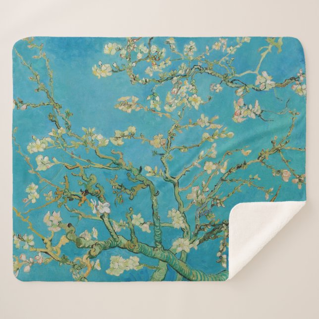Manta Sherpa Floreciente árbol de almendros por Van Gogh (Anverso (horizontal))