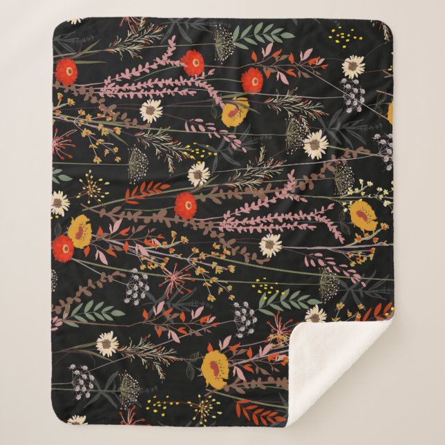 Manta Sherpa Floreciente pradera flor mano dibujada (Anverso)