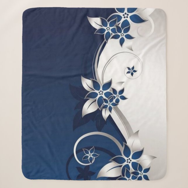 Manta Sherpa flores 3D azul y blanco (Anverso)