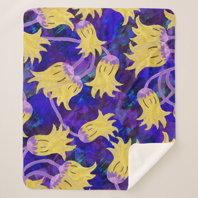 Manta Sherpa Flores amarillas: fondo oscuro acuarela arte (Anverso)