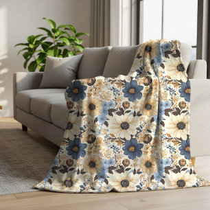 Manta Sherpa Flores Azules Bohemias Marrón Opulento Felpudo Flo