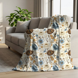 Manta Sherpa Flores Azules de Terracota Estilo Boho Opulento