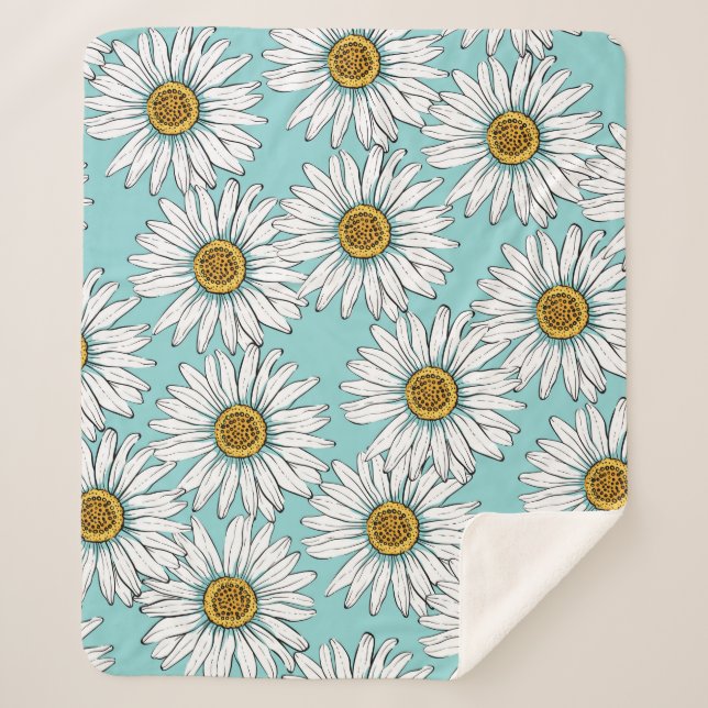 Manta Sherpa Flores blancas de marea azul en palmas sin costura (Anverso)