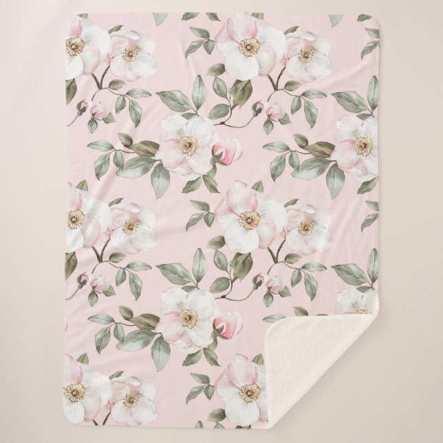 Manta Sherpa Flores Blancas Rosadas Lindas   (Anverso)