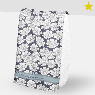 Manta Sherpa Flores Blancas Rústicas Boceto Sombra Azul Nombre 