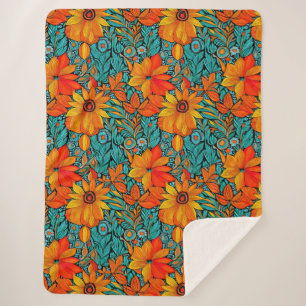 Manta Sherpa Flores Boho Azul y Naranja