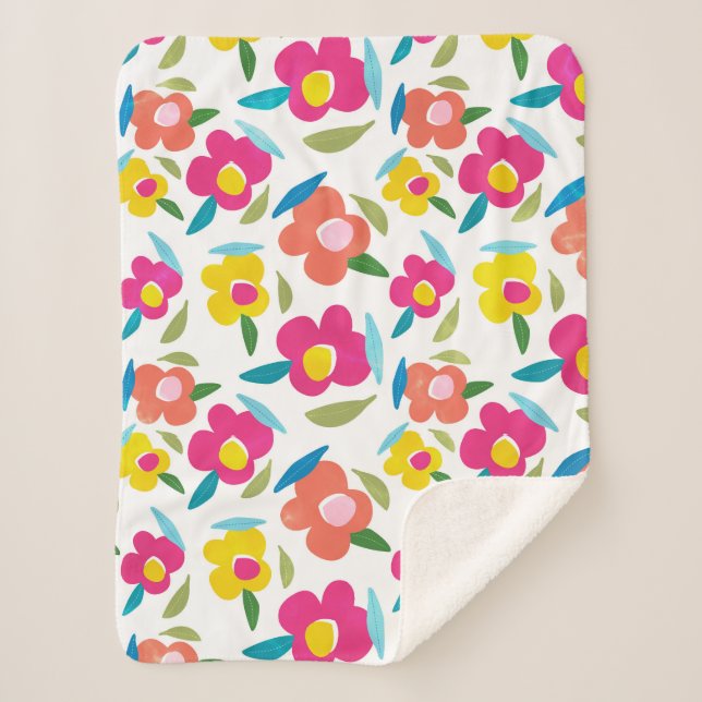 Manta Sherpa Flores brillantes en blanco (Anverso)