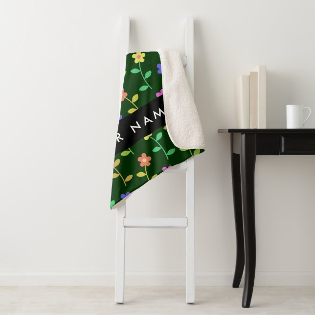 Manta Sherpa Flores Coloridas, Fondo Verde, Negro (In situ)