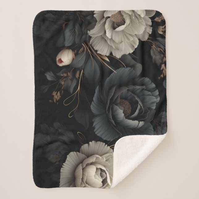 Manta Sherpa Flores de blanco y negro (Anverso)