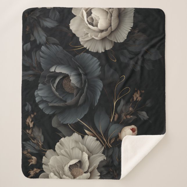 Manta Sherpa Flores de blanco y negro (Anverso)