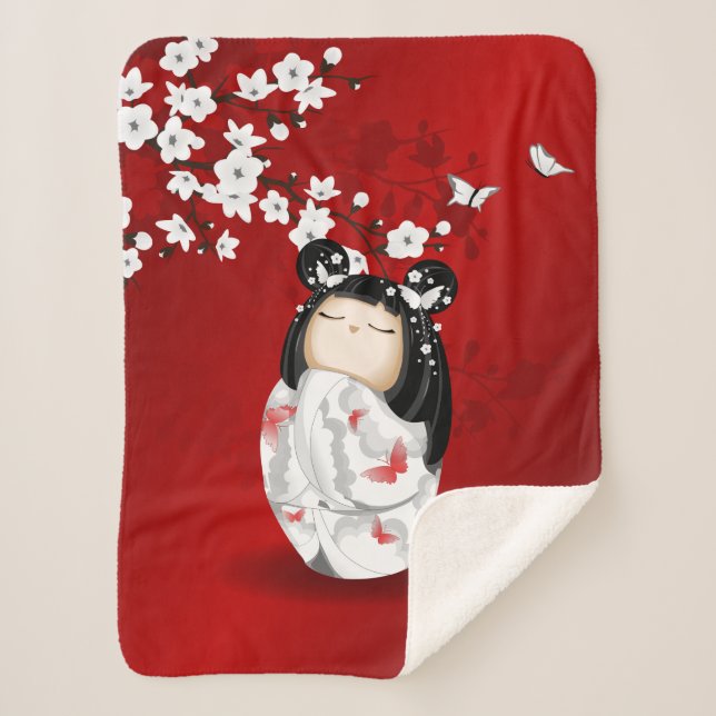 Manta Sherpa Flores de cerezo blanco rojo de muñeca Kokeshi (Anverso)