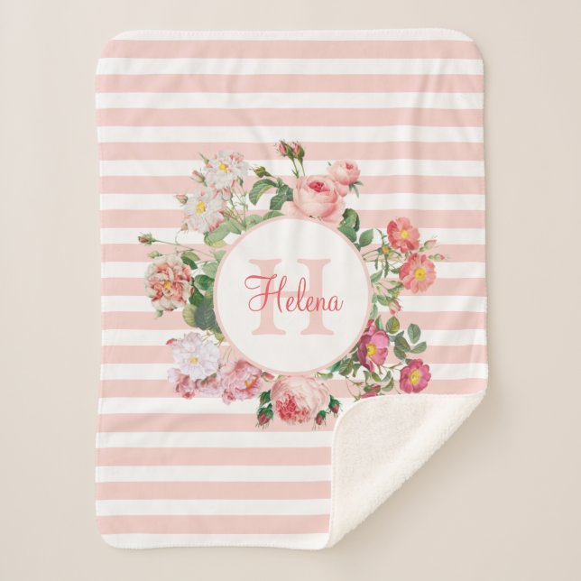 Manta Sherpa Flores de época Bandas rosas Monograma (Anverso)