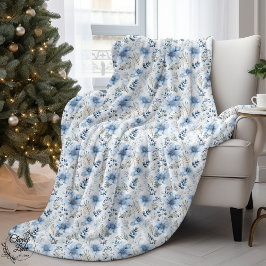 Manta Sherpa Flores de invierno con acuarela azul
