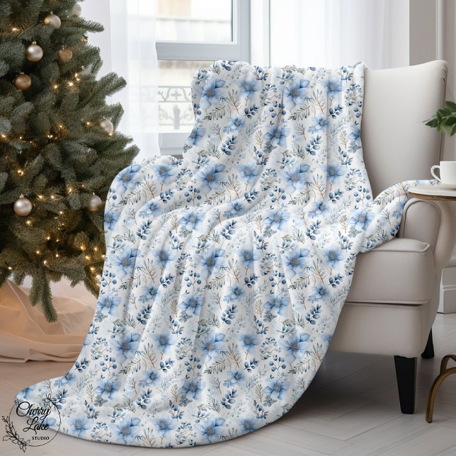 Manta Sherpa Flores de invierno con acuarela azul (Subido por el creador)