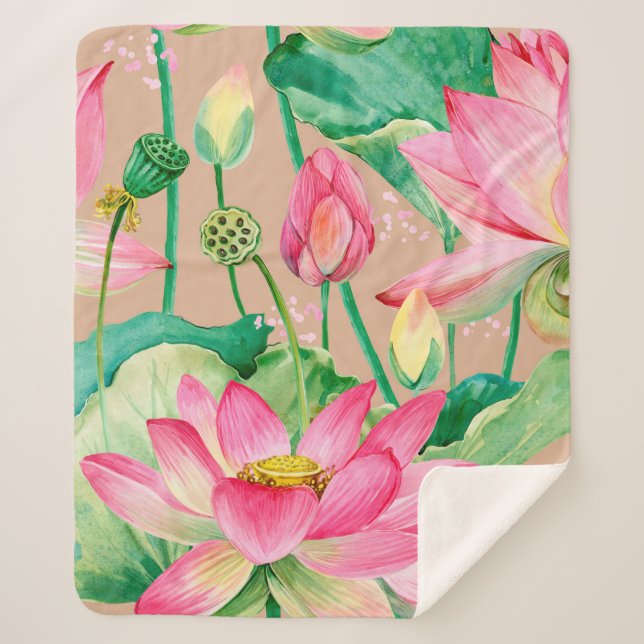 Manta Sherpa flores de loto patrón sin fisuras. acuarela botáni (Anverso)