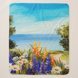 Manta Sherpa flores de pintura al óleo cerca del mar, campo de 