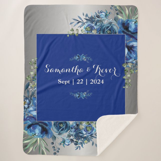 Manta Sherpa Flores de plata y azul (Anverso)