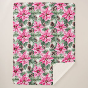 Manta Sherpa Flores de Poinsettia de glamour plateado rosa