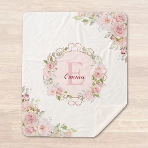 Manta Sherpa Flores de Rosa Rosa Blush de Acuarela con Monogram