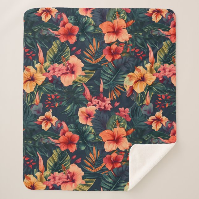 Manta Sherpa Flores Hibiscus, Patrón Floral Tropical (Anverso)