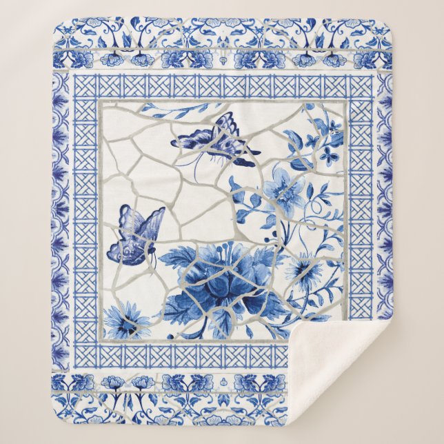 Manta Sherpa Flores Moda Chinoiserie azul mariposa y blanca (Anverso)