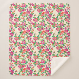 Manta Sherpa Flores moradas/rosas hojas verdes