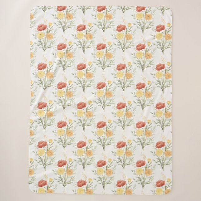 Manta Sherpa Flores Naranja Amarillo Rojo (Anverso)