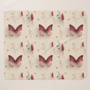 Manta Sherpa Flores primaverales vintage y mariposa sonrosada