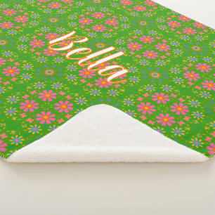 Manta Sherpa Flores retro Naranja azul rosado mariposas