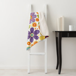 Manta Sherpa Flores retro Naranja Lilac Green