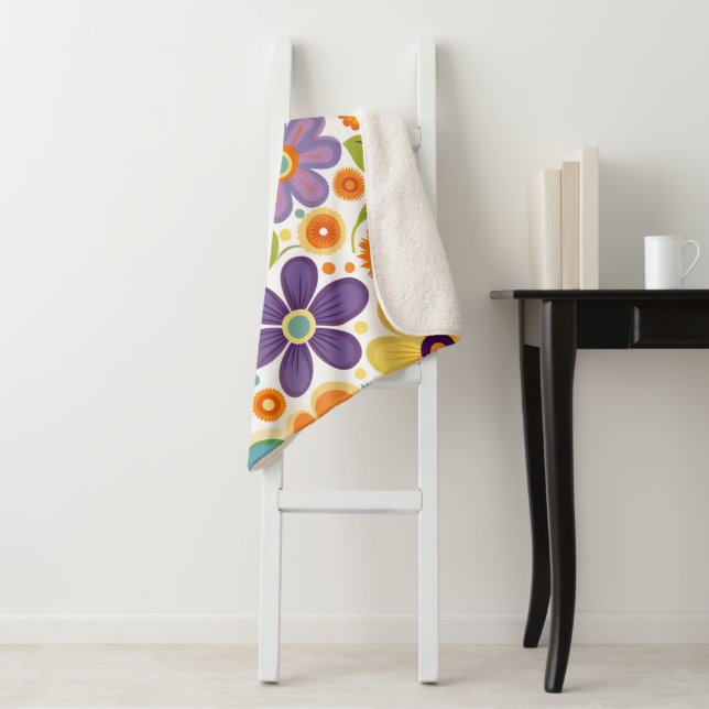 Manta Sherpa Flores retro Naranja Lilac Green (In situ)