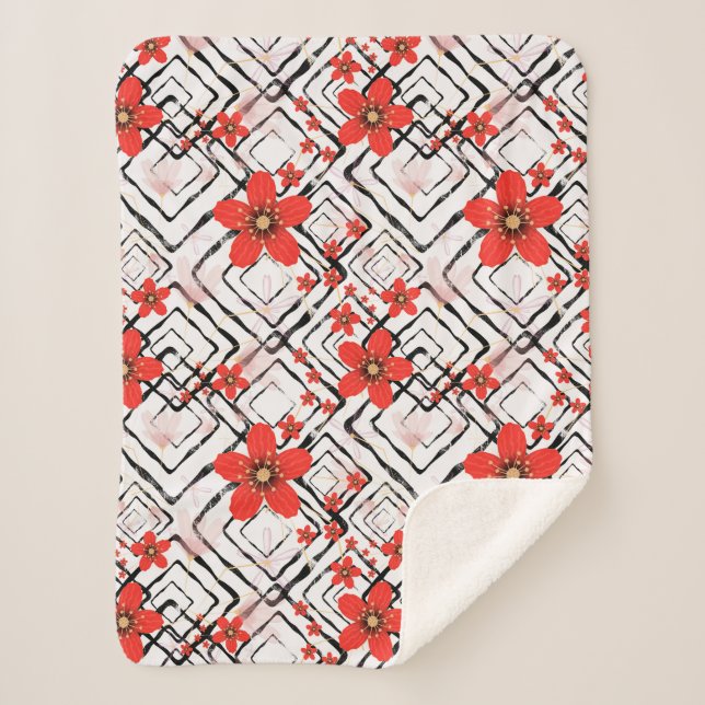 Manta Sherpa Flores rojas en un fondo blanco y negro. (Anverso)