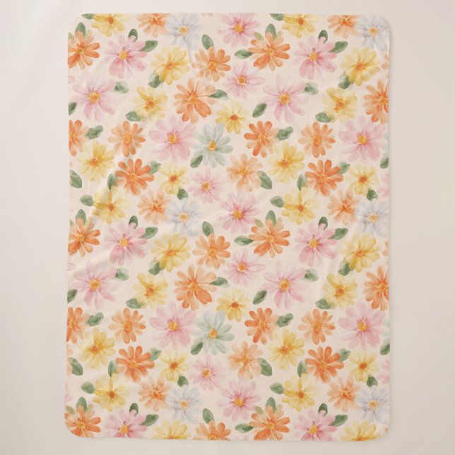 Manta Sherpa Flores Rosa Amarillo Azul Melocotón  (Anverso)
