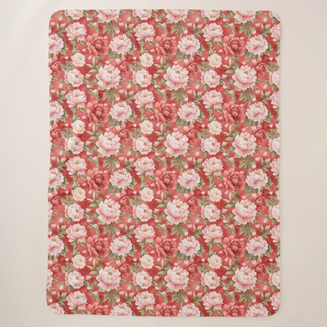Manta Sherpa Flores Rosadas Elegantes Rojizas (Anverso)