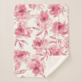 Manta Sherpa Flores rosadas sonrosadas pintadas con acuarela fl